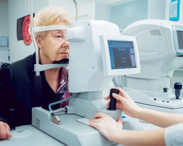 Starsza kobieta bada wzrok, skupiając się na ekranie urządzenia. Badanie wykrywa zawężone pole widzenia.