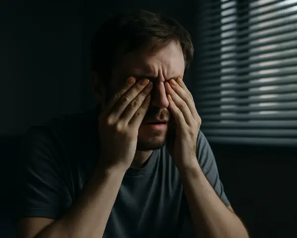 Mężczyzna zamyka oczy, szukając ulgi od światła. Oto domowe sposoby na światłowstręt.