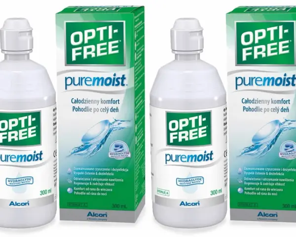 Dwie butelki i dwa pudełka płynu do soczewek Opti-Free Puremoist. Szukasz, czym zastąpić płyn do soczewek? Ten produkt zapewnia całodzienny komfort.