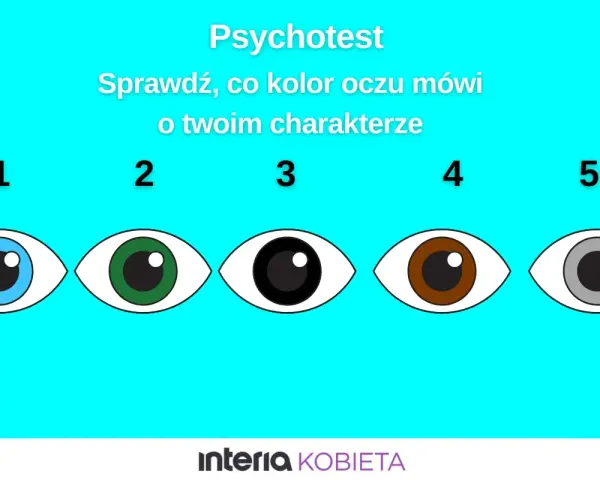 Pięć stylizowanych oczu w różnych kolorach: niebieskim, zielonym, czarnym, brązowym i szarym, z numerami od 1 do 5.