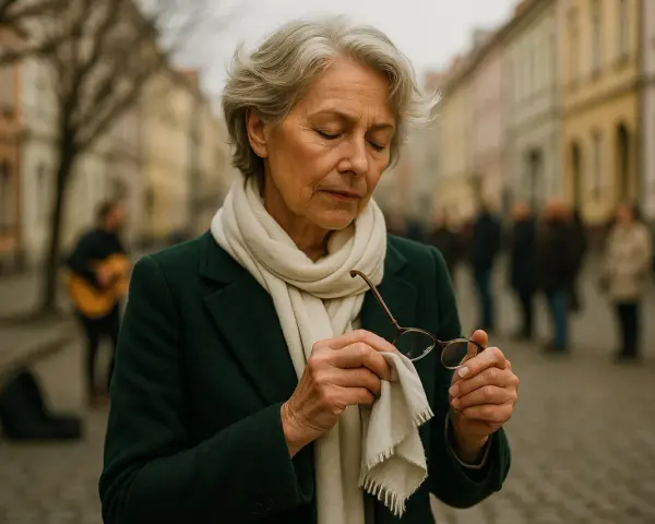 Elegancka 60-latka czyści swoje modne okulary na tle ulicznego grajka.