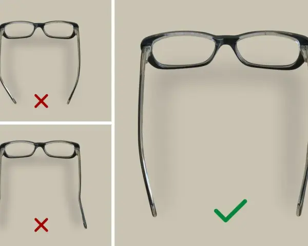 Jak wyprostować okulary: porównanie wygiętych zauszników (krzyżyki) z prostymi (ptaszek).