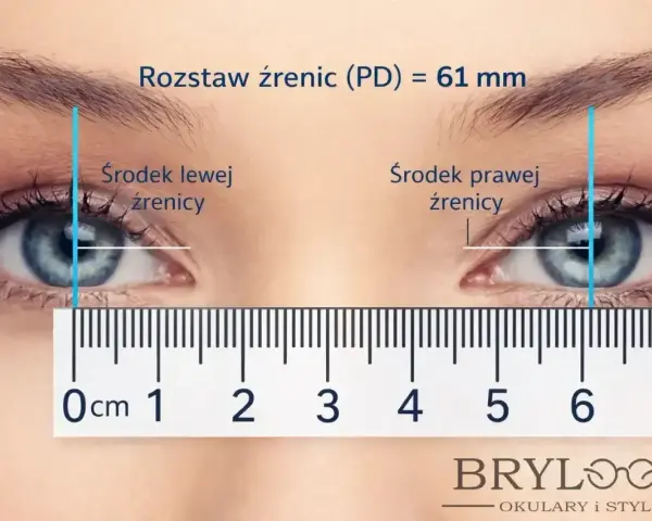 Pomiar rozstawu źrenic (PD) 61 mm. Jedno oko mniejsze od drugiego? Nie, to tylko perspektywa. Miarka pokazuje symetrię.