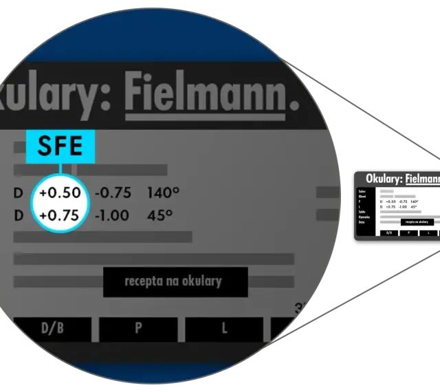 Wyniki badania wzroku jak czytać: recepta na okulary Fielmann z mocami +0.50 i +0.75.