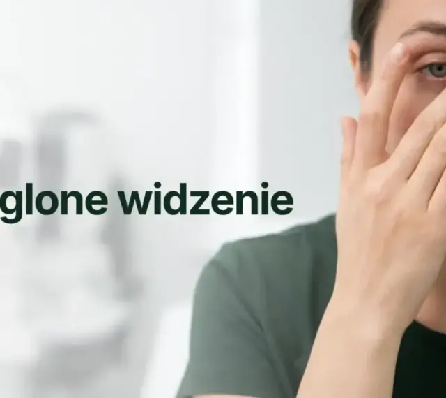 Kobieta z zieloną opaską na oku, doświadczająca zamglonego widzenia.