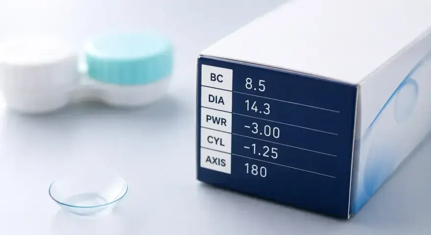 Soczewka kontaktowa, pudełko z parametrami: BC 8.5, DIA 14.3, PWR -3.00, CYL -1.25, AXIS 180. Sferyczne soczewki poprawiające wzrok.