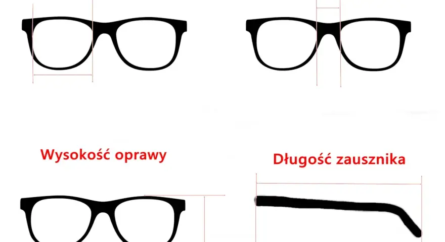 Schemat okularów z wymiarami: szerokość tarczy, mostka, wysokość oprawy i długość zausznika.