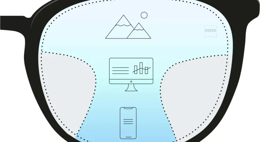 Okulary z soczewkami Zeiss pokazują góry, monitor i smartfon.