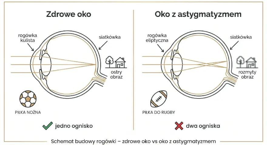 Porównanie zdrowego oka z kulistą rogówką i oka z astygmatyzmem (eliptyczna rogówka). Wyjaśnia, jak czytać wynik pola widzenia, pokazując jedno ognisko dla ostrego obrazu i dwa ogniska dla rozmytego.