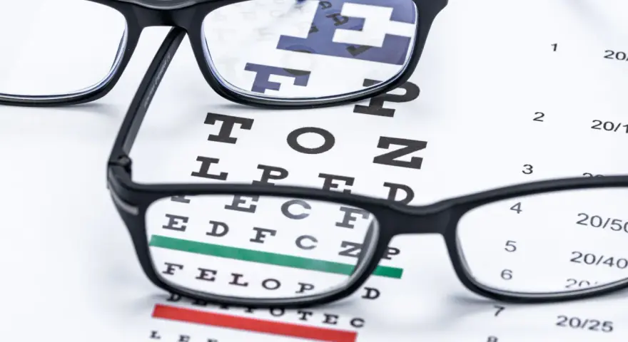 Okulary na tablicy Snellena. Widoczność 20/20 oznacza idealny wzrok, czyli to, co widzisz z 20 stóp, normalnie widzi osoba z doskonałym wzrokiem.