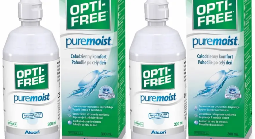 Dwie butelki i dwa pudełka płynu do soczewek Opti-Free Puremoist. Szukasz, czym zastąpić płyn do soczewek? Ten produkt zapewnia całodzienny komfort.