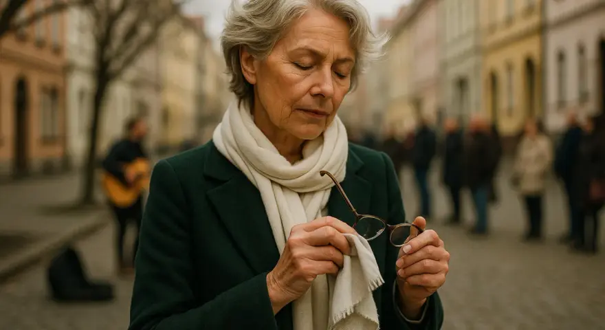 Elegancka 60-latka czyści swoje modne okulary na tle ulicznego grajka.
