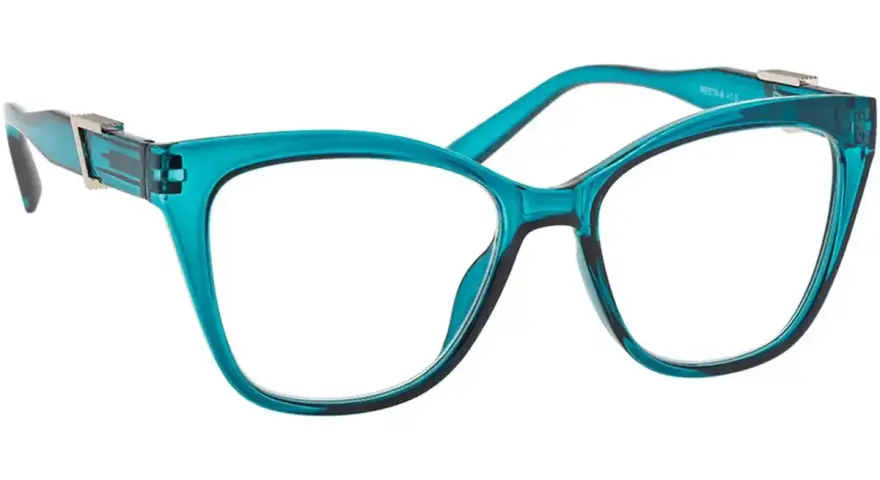 Eleganckie, turkusowe okulary do czytania w kształcie kocich oczu. Stylowe, idealne do poprawy ostrości widzenia podczas lektury.
