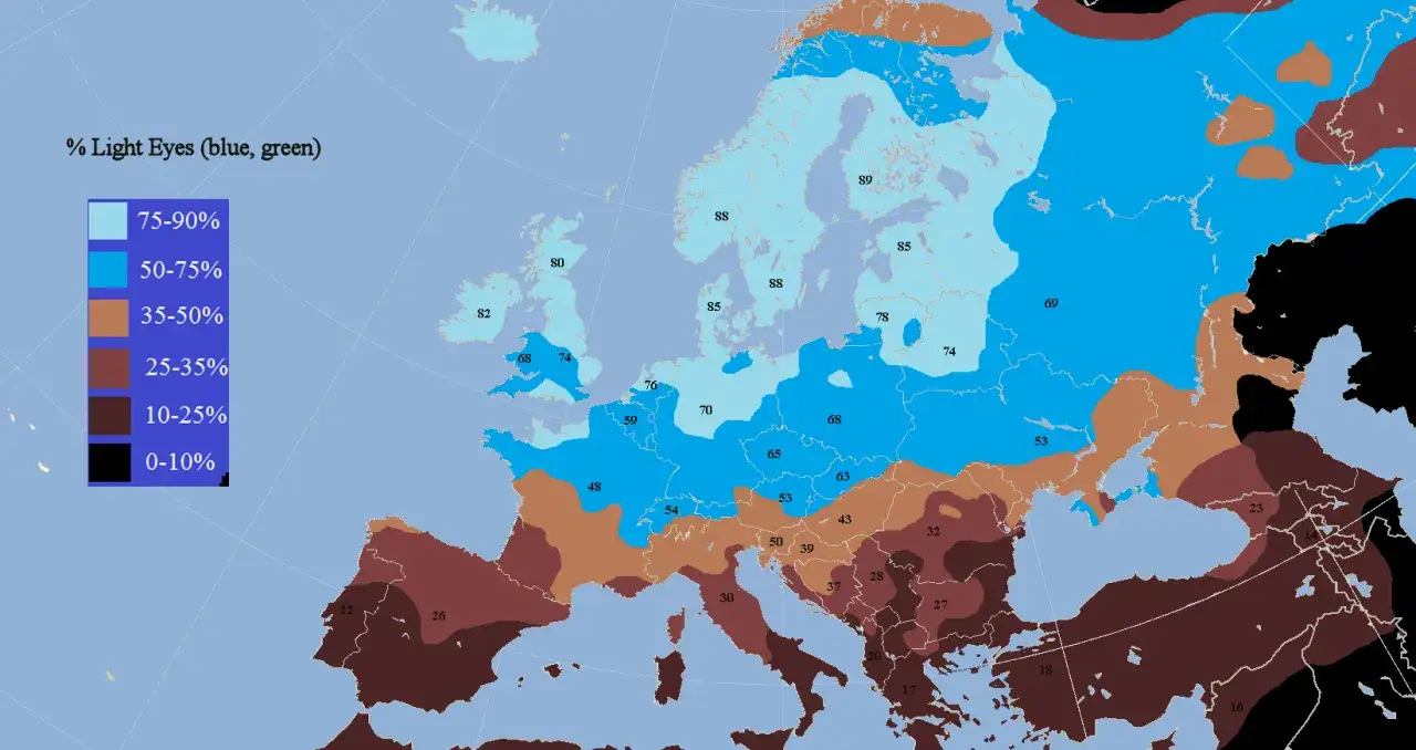 Mapa Europy pokazująca rozkład niebieskich oczu. W krajach skandynawskich niebieskie oczy ma 75-90% ludzi.