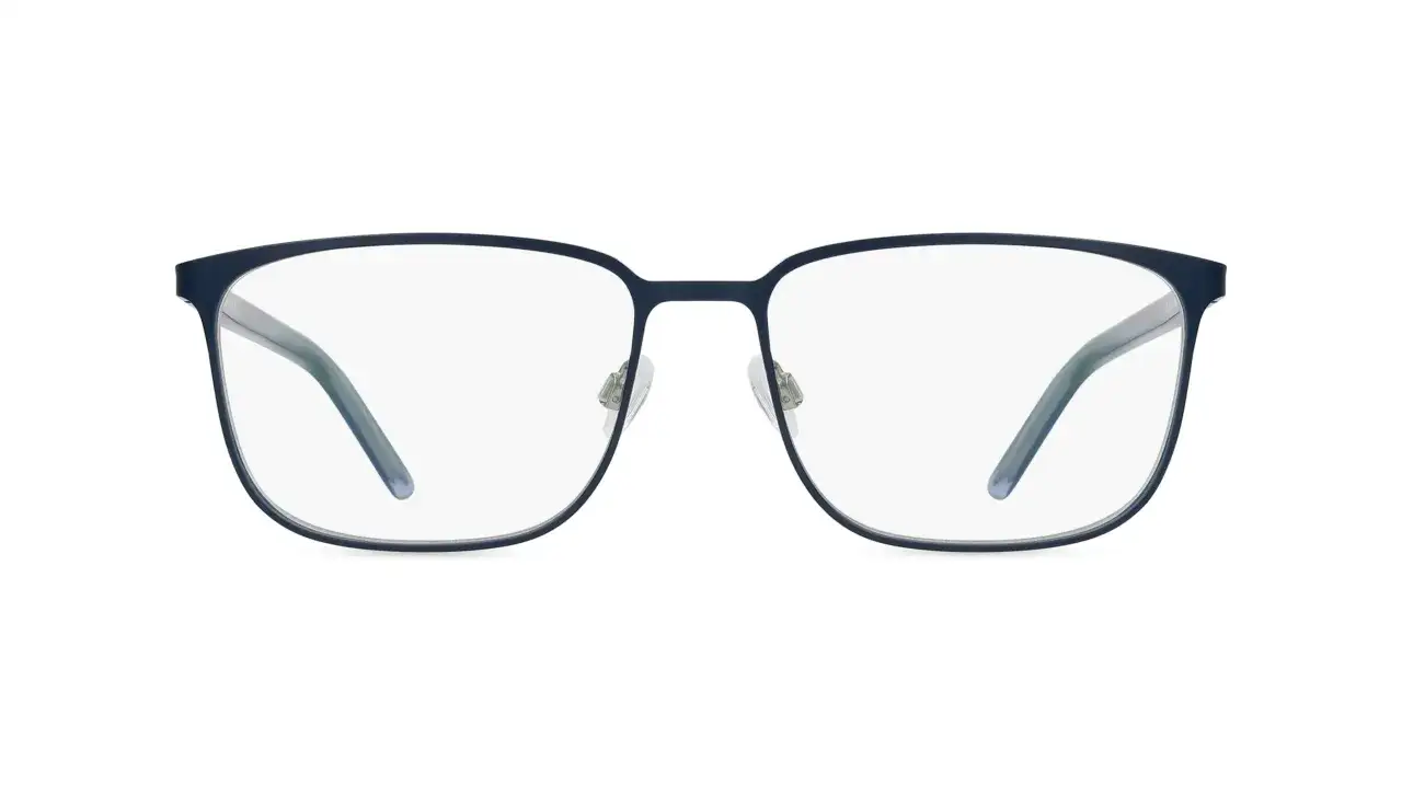 Granatowe okulary korekcyjne z cienką, metalową oprawką. Idealne do pracy przy komputerze, zapewniają komfort widzenia dzięki soczewkom Zeiss.