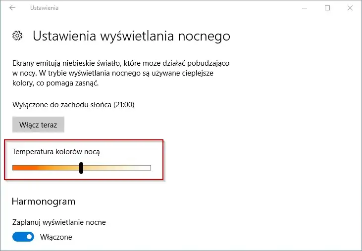 Windows 10 ustawienia ekranu wyświetlanie nocne
