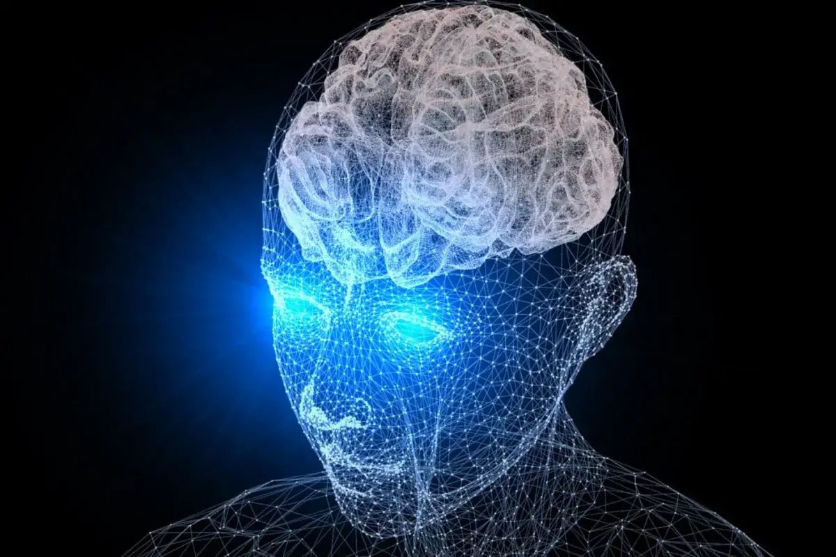 Siatka neuronowa ludzkiej głowy z błyszczącymi oczami, symbolizująca zaburzenia widzenia przyczyny neurologiczne.