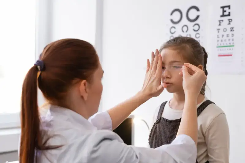 Okulista wykonuje ćwiczenia na poprawę wzroku u dziewczynki, zasłaniając jej jedno oko.